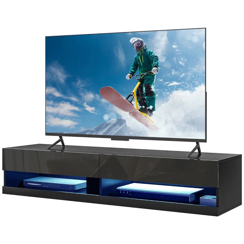HOMCOM Floating TV Unit, Wall Mounted TV Cabinet for TVs up to 65", High Gloss Media Wall Unit with LED Lights, Storage Shelves, APP Control for Living Entertainment Room, Black