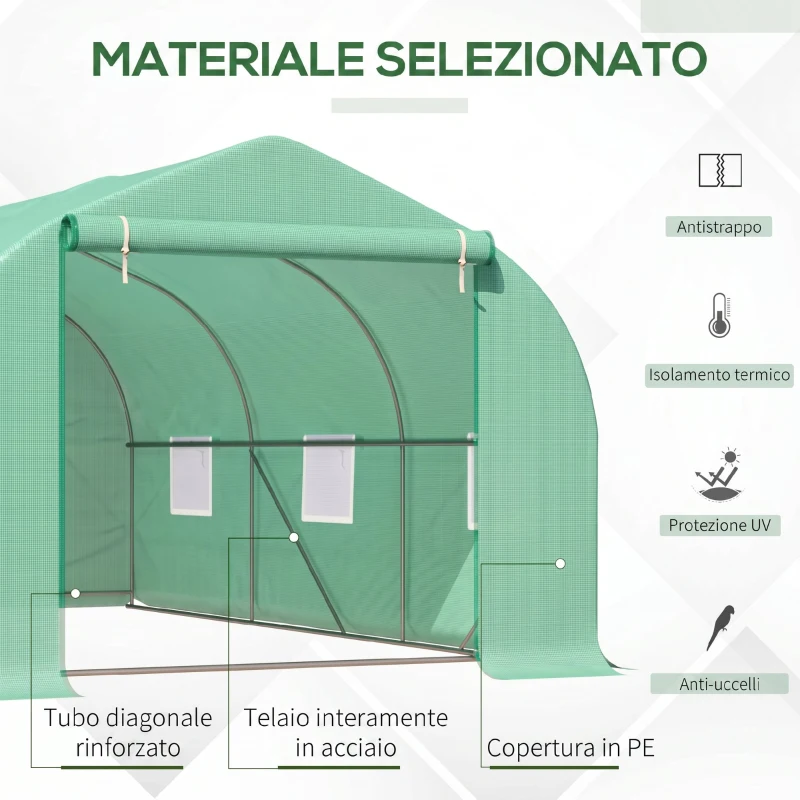 Outsunny Serra per Orto a Tunnel 4.5x3x2m con Tetto Spiovente in PE e Tubi d'Acciaio Verde Scuro