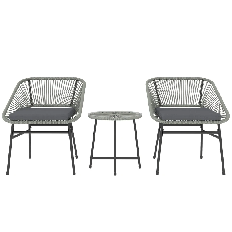 Outsunny 3 Pieces Rattan Bistro Set, Wicker Small Garden Table and Chairs Set with Cushions and Glass Top Coffee Table, Bistro Garden Furniture Set for Outdoor, Patio, Balcony, Light Grey