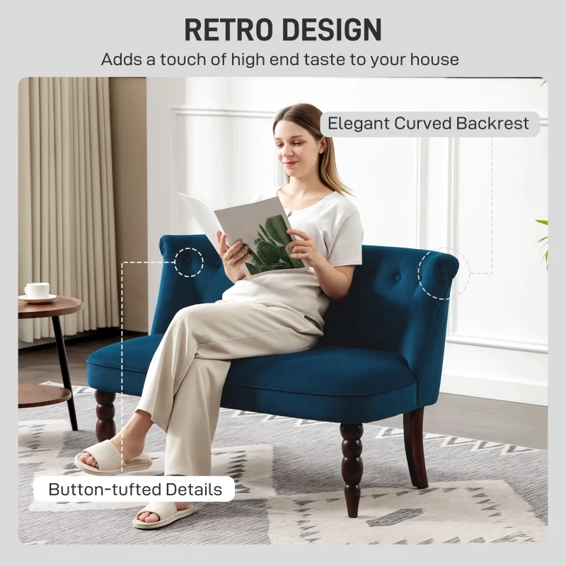 HOMCOM Velvet 2 Seater Sofa, Button Tufted Wingback Loveseat with Rubber Wood Legs for Living Room, Bedroom, Dark Blue