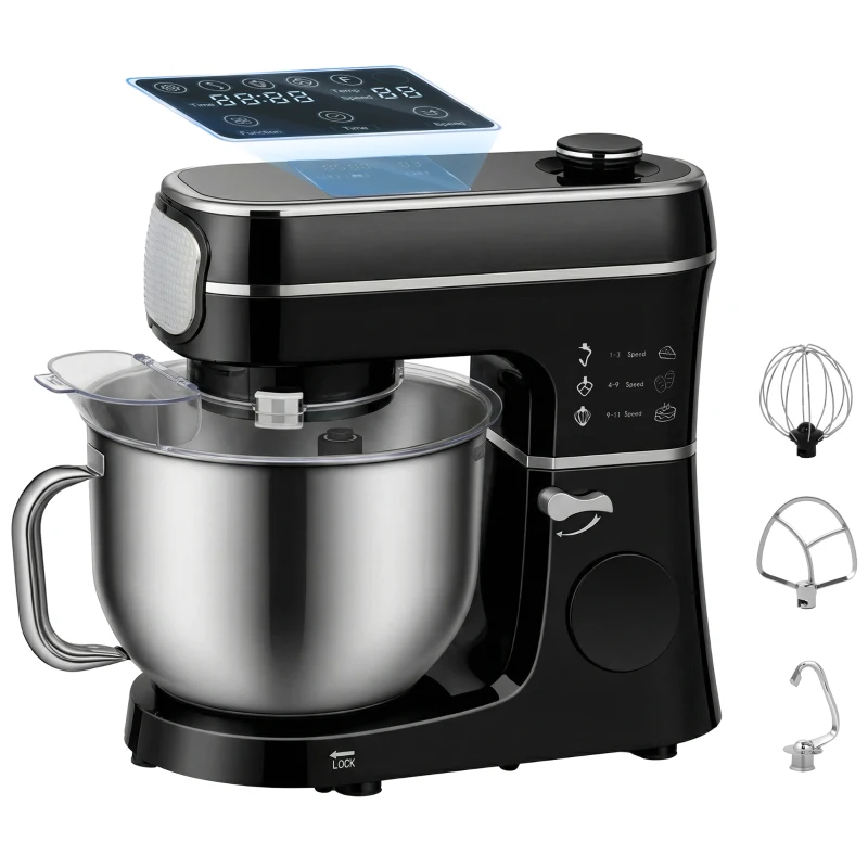 HOMCOM Stand Mixer, 6L 1400W Tilt-Head Food Mixer with 11 Speeds, Pulse & Fermentation Function, LED Display, Black