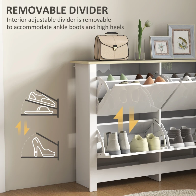 HOMCOM Slim Shoe Cabinet, Narrow Shoe Cupboard with 4 Flip Drawers, Adjustable Shelves for 16 Pairs of Shoes, White