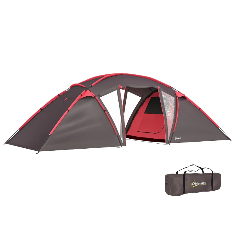 Outsunny 4-6 Man Family Camping Tent w/ 2 Bedrooms and a Living Room, Waterproof Tunnel Tent w/ Sewn In Groundsheet, Doors, Windows, Carry Bag, Grey