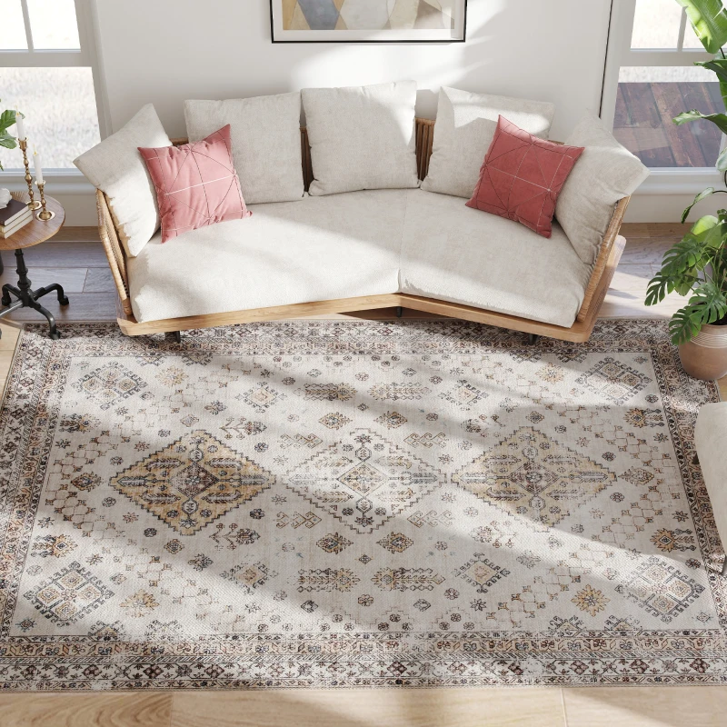 HOMCOM Vintage Area Rug, Non-Slip Washable Rug, Flannel Floor Carpet for Living Room, Bedroom, Dining Room, Home Office, 290 x 200 cm, Beige