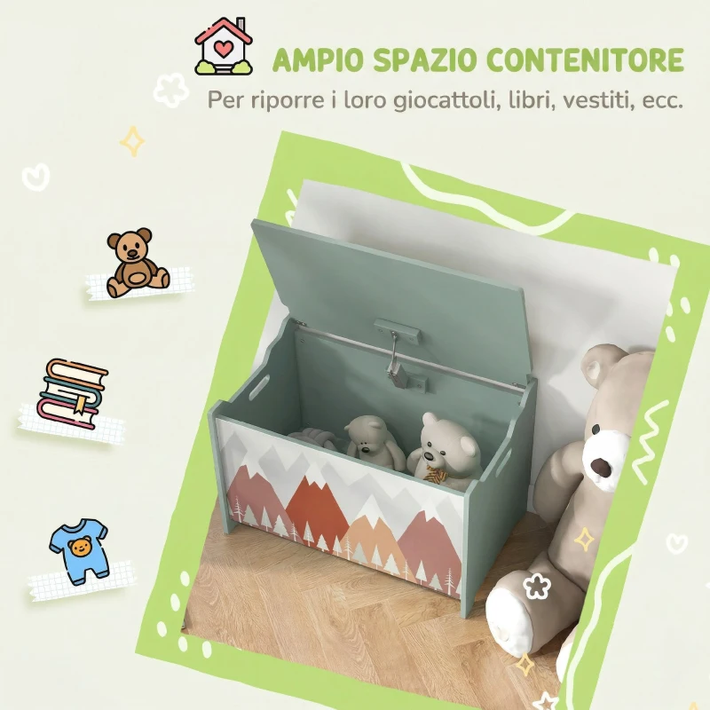 ZONEKIZ Baule Portagiochi per Bambini con Coperchio e Cerniera di Sicurezza in MDF, 60x37x39cm, Verde