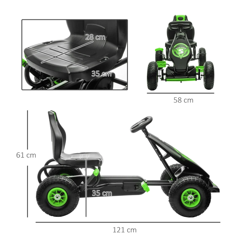 HOMCOM Coche de Pedales para Niños de 5-12 Años con Asiento Ajustable Neumáticos Inflables Amortiguador Carga 50kg Negro Verde