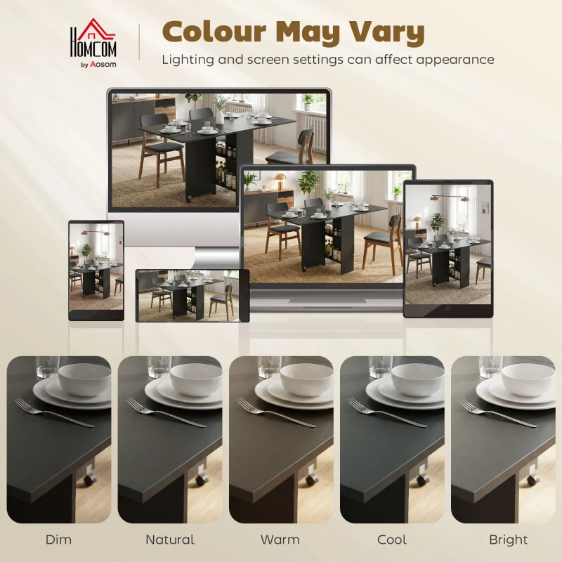 HOMCOM Foldable Dining Table, Extendable Drop Leaf Table with 2-tier Shelves, Small Dinner Table with Rolling Casters