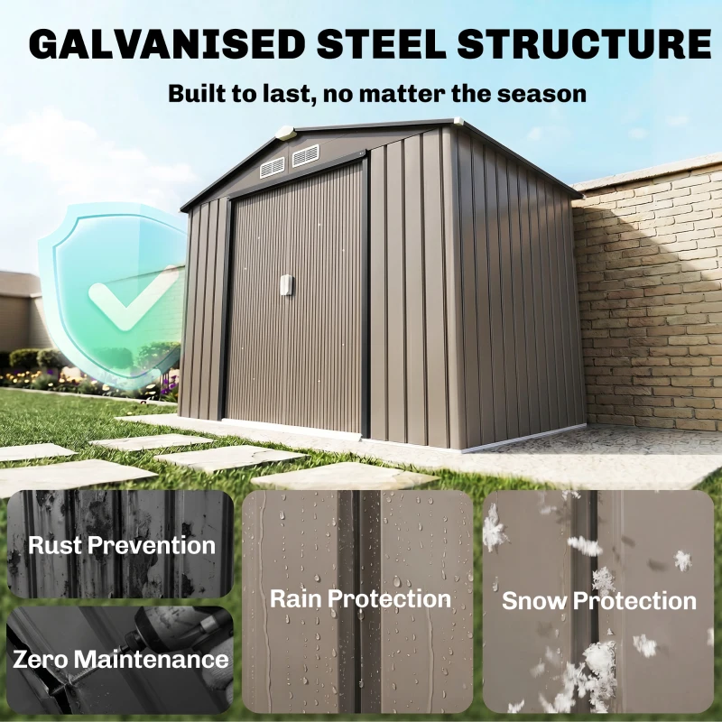 Outsunny 7 x 4ft Metal Garden Shed, Waterproof Outdoor Bike Storage Shed Galvanised with Vents, Foundation Kit, Apex Roof and Lockable Double Doors for Patio Lawn, Brown