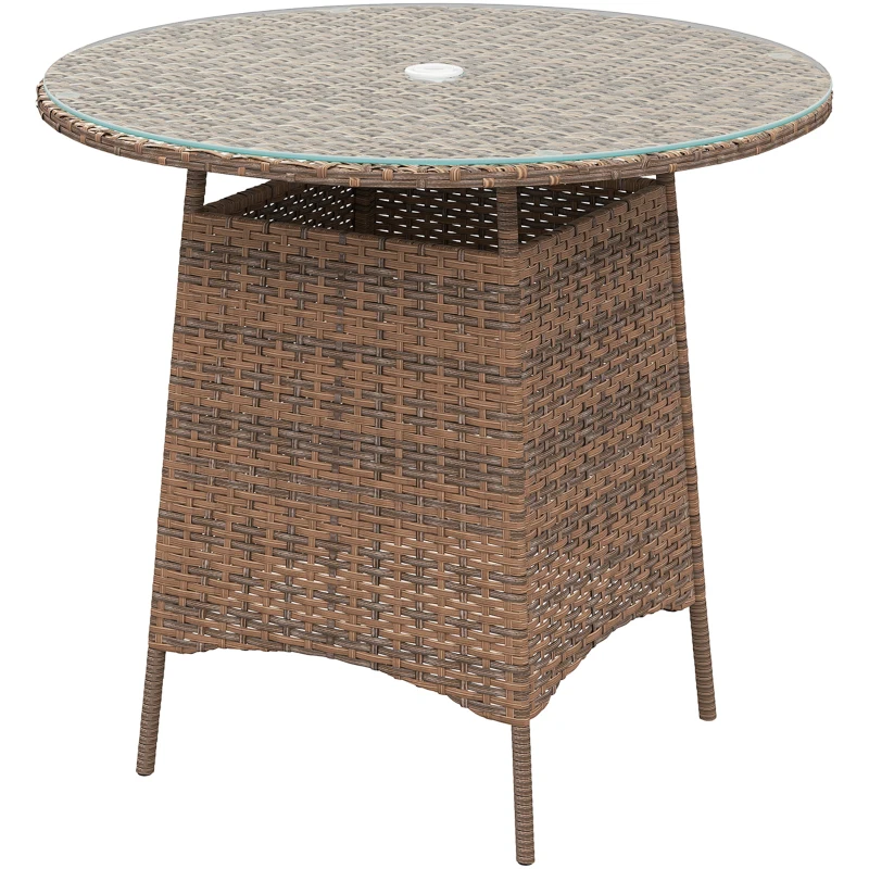Outsunny Wicker Garden Rattan Table, Patio Furniture Outdoor Coffee Table with Umbrella Hole and Tempered Glass Top, Brown