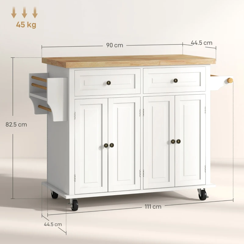 HOMCOM Rolling Kitchen Island Storage Trolley with Rubber Wood Top & Drawers for Dining Room, Cream White