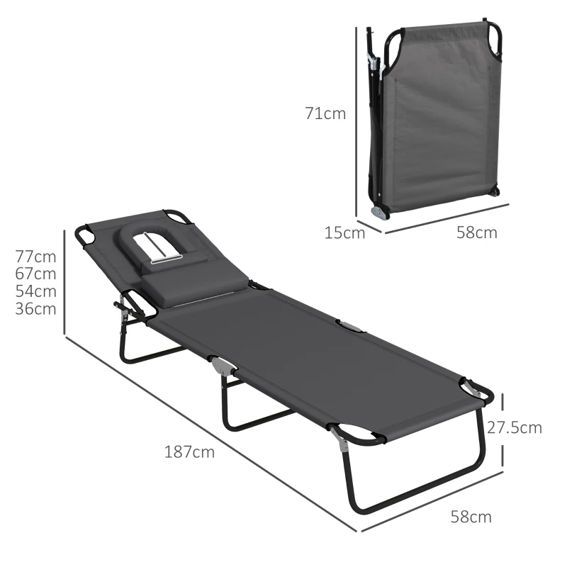 Outsunny Folding Sun Loungers Set of 2 with Face Hole, 4-Position Adjustable Backrest Garden Recliner Chairs Sunbeds, Outdoor Lounge Chairs with 600 D Oxford Cloth Seat, Pillow for Beach, Dark Grey