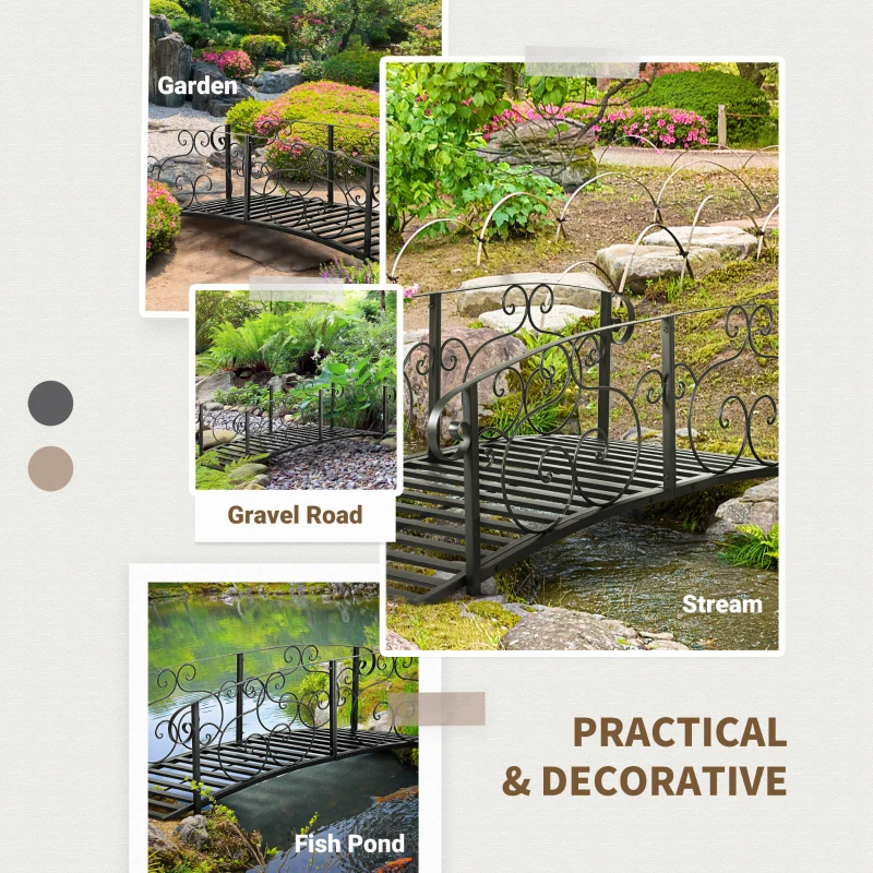 Outsunny 184cm Metal Arch Garden Garden Bridge, Safety Siderails, Arc Footbridge for Garden Creek, Stream, Pond, Black