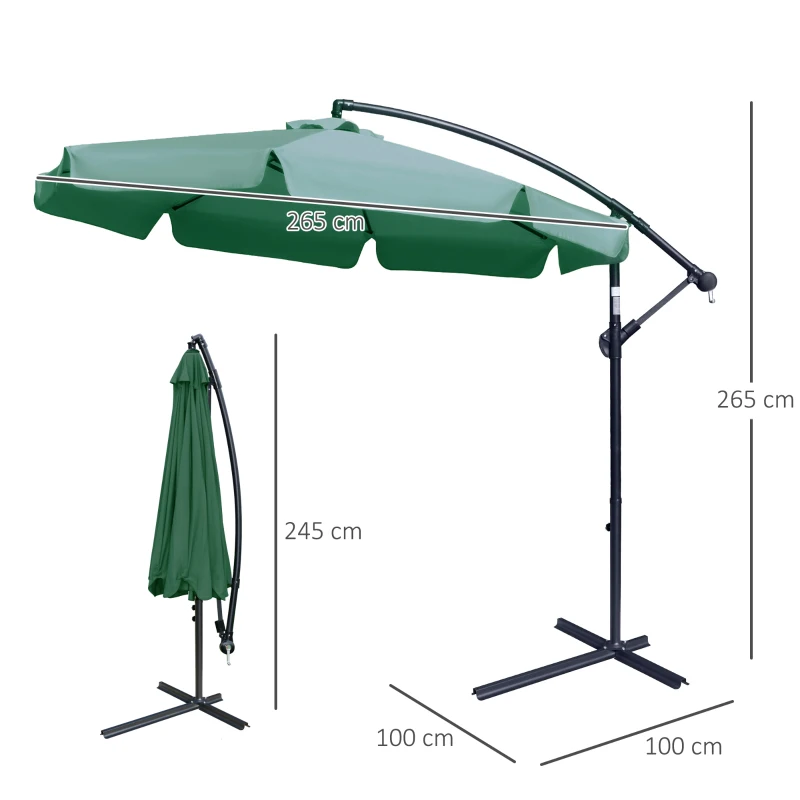Outsunny 2.7m Garden Banana Parasol Cantilever Umbrella with Crank Handle and Cross Base for Outdoor, Hanging Sun Shade, Green