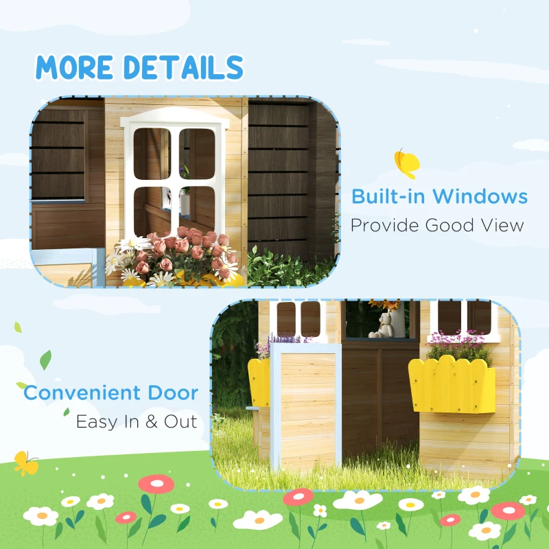 Outsunny Wooden Playhouse, Wendy House w/ Door, Bench, Flowerpot Holder, For Ages 3-7 Years, Blue