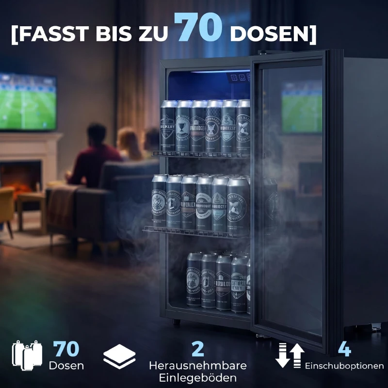 HOMCOM 70 L Getränkekühlschrank, Kühler für 70 Dosen mit Doppelglas-Tür, verstellbar Regal, LED-Beleuchtung Schwarz