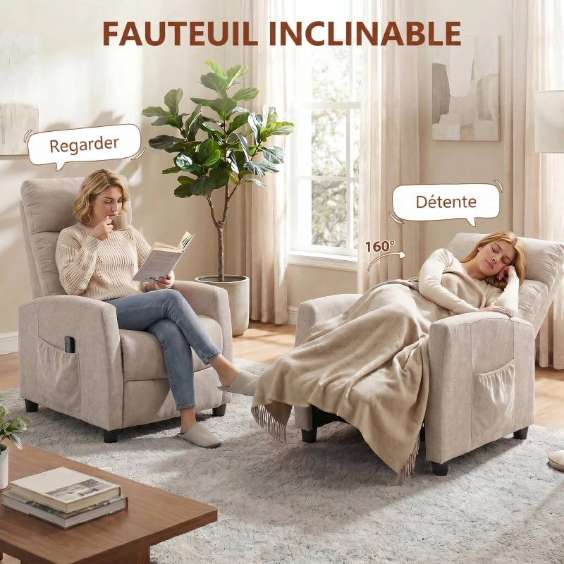 HOMCOM Fauteuil de massage inclinable fauteuil de relaxation en chenille avec repose-pieds poche latérale télécommande crème