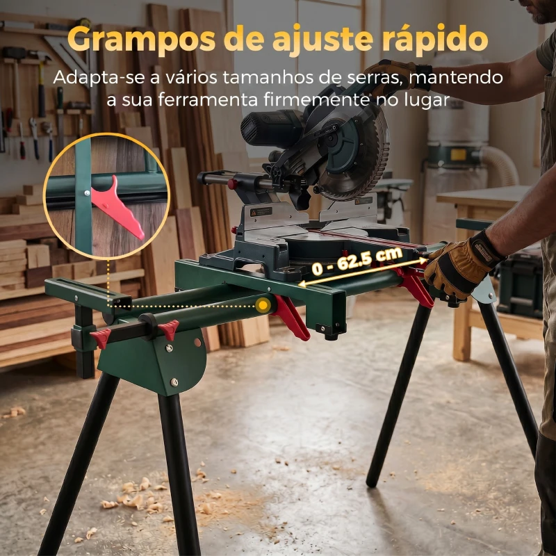 HOMCOM Suporte para Serra de Meia-Esquadria Universal com Rolos Extensíveis 94-195 cm Ajustável e Dobrável Carga 150 kg Verde