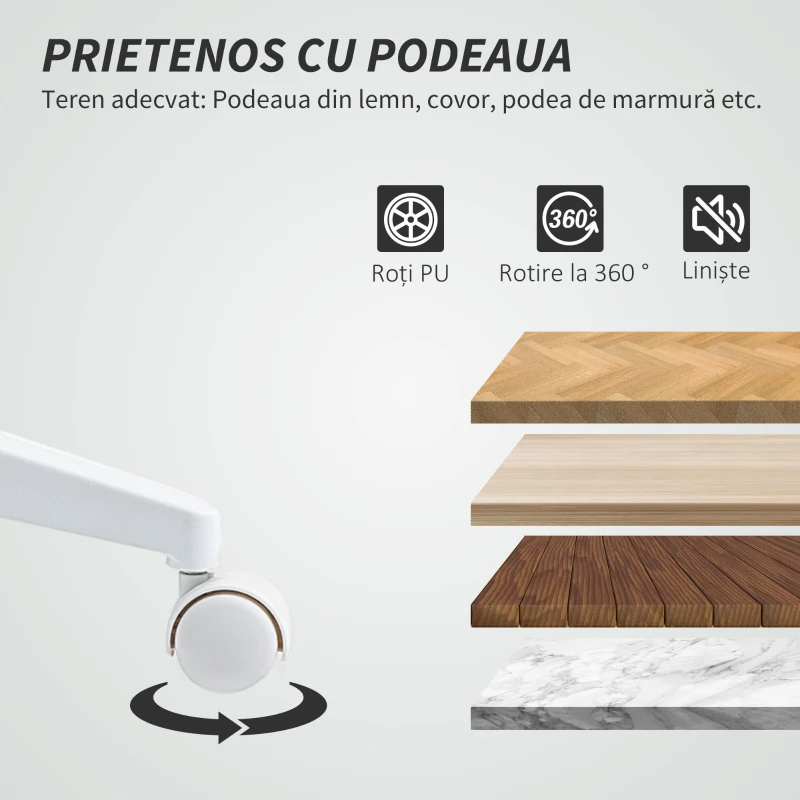 HOMCOM Scaun de Birou Ergonomic și Reglabil cu Spătar Curbat, din Piele PU și Oțel, 58x53x97-107 cm, Alb