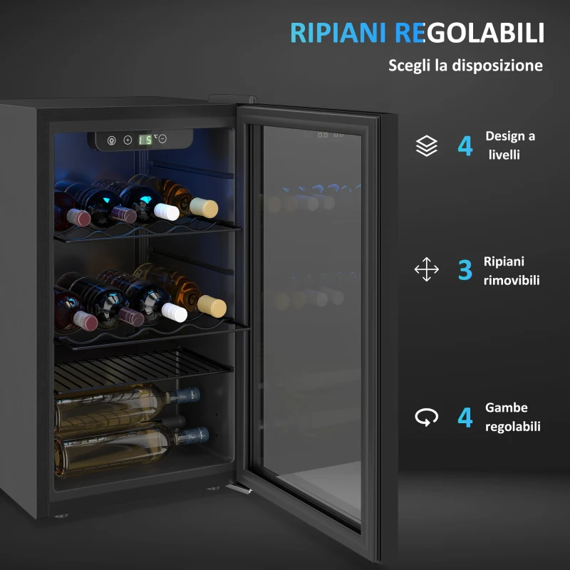 HOMCOM Cantinetta Vino Refrigerata 24 Bottiglie 68L Temperatura Regolabile 4-16℃ con Vetro Anti UV, Ripiani, Nera