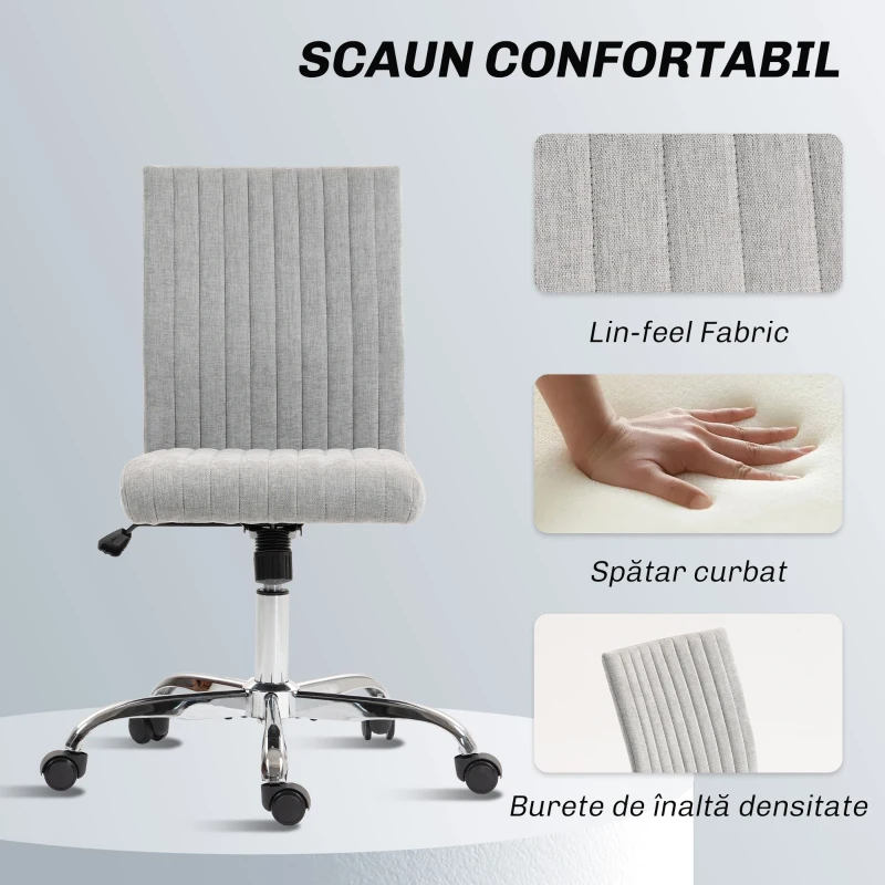 HOMCOM Scaun de Birou fără Brațe, cu Înălțime Reglabilă și Șezut Rotativ, Tapițerie din Material Textil, Gri