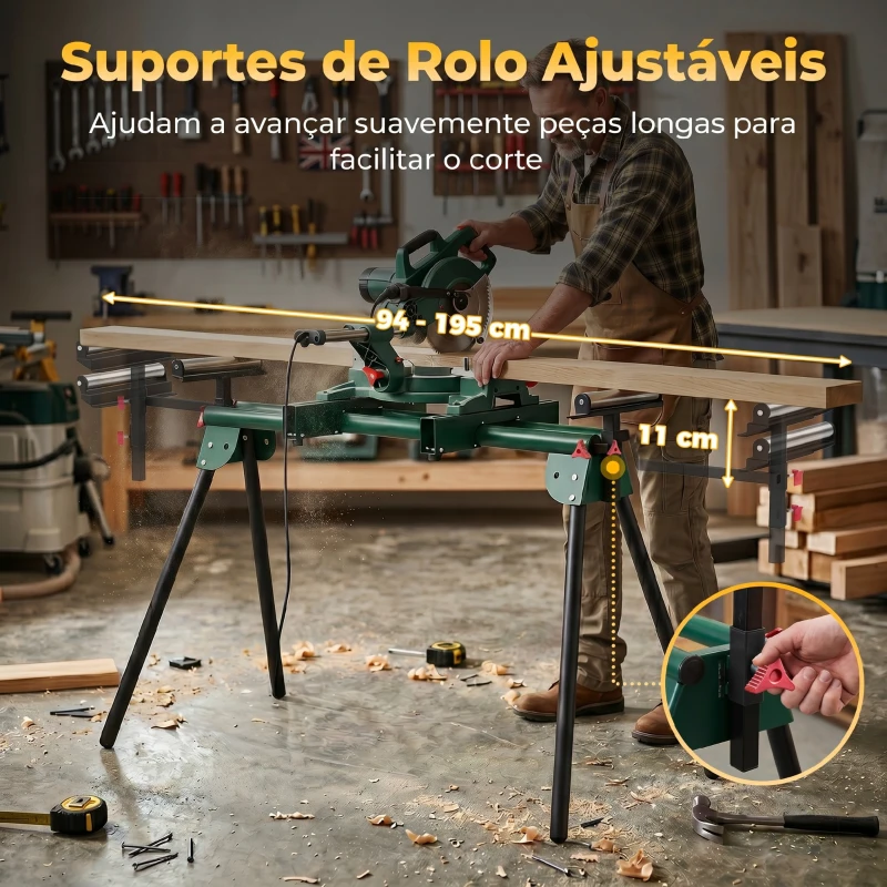 HOMCOM Suporte para Serra de Meia-Esquadria Universal com Rolos Extensíveis 94-195 cm Ajustável e Dobrável Carga 150 kg Verde