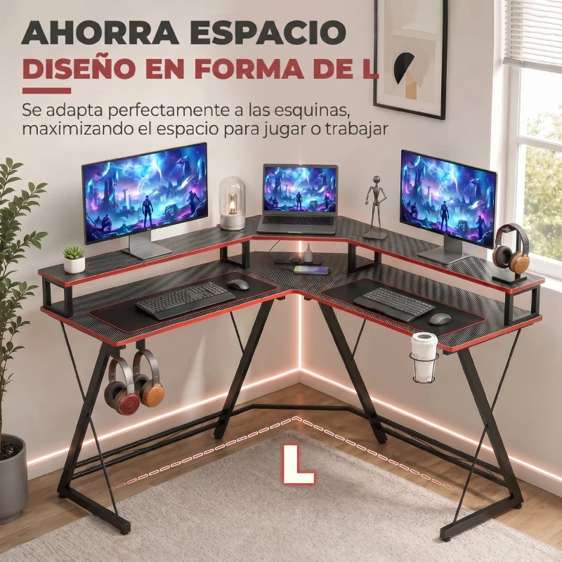 HOMCOM Escritorio Esquinero con Enchufes en Forma de L 128x128 cm con Soporte para Monitor Gancho y Portavasos Negro