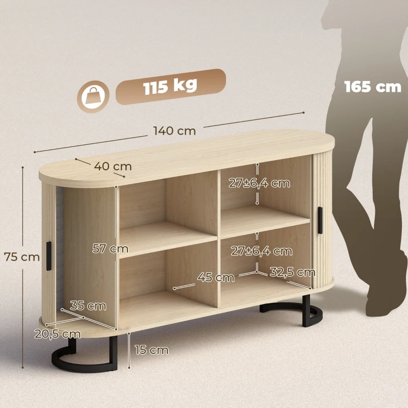 HOMCOM Aparador de sala, móvel de armazenamento oval com 2 portas deslizantes e prateleiras ajustáveis, 140x40x75cm, madeira natural
