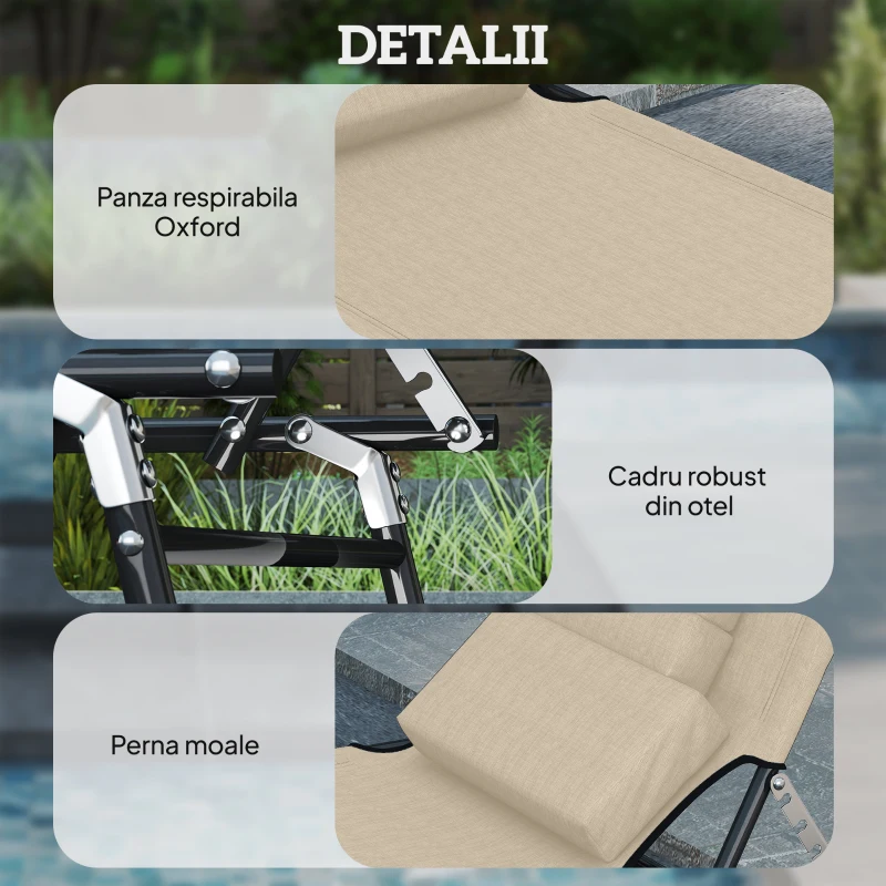 Outsunny Șezlong Pliabil cu Orificiu pentru Față Căptușit și Spătar Rabatabil, Bej