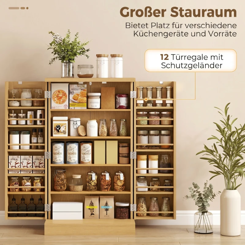 HOMCOM 104 cm szafka kuchenna z rattanu, 5-półkowa, 12 przegródek na przyprawy i regulowane półki, naturalna