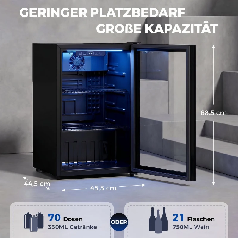 HOMCOM 70 L Getränkekühlschrank, Kühler für 70 Dosen mit Doppelglas-Tür, verstellbar Regal, LED-Beleuchtung Schwarz