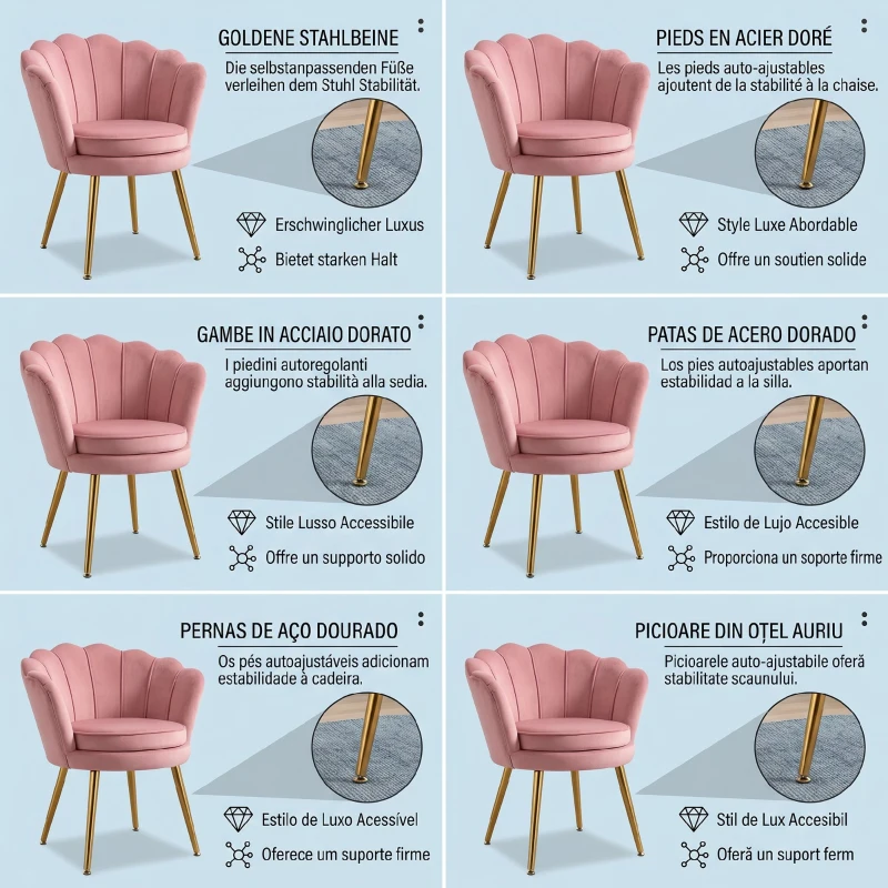 HOMCOM Scaun de Sufragerie Tip Scoică Stil Vintage din Catifea cu Picioare Aurite Roz