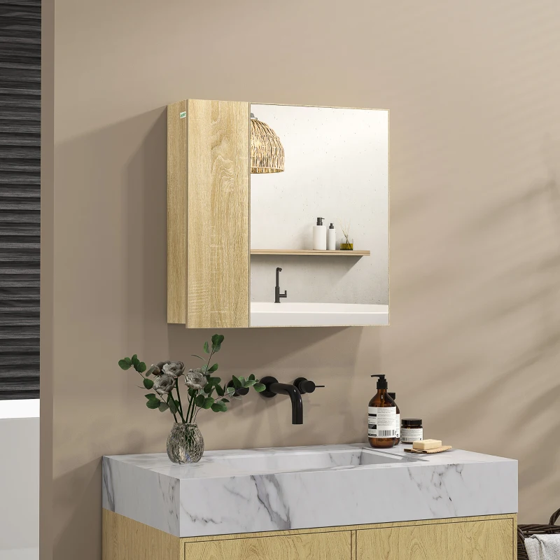 Kleankin Dulap cu oglinda pentru baie cu montaj pe perete, dulap pentru baie cu oglinda, usi duble si rafturi de depozitare, natural