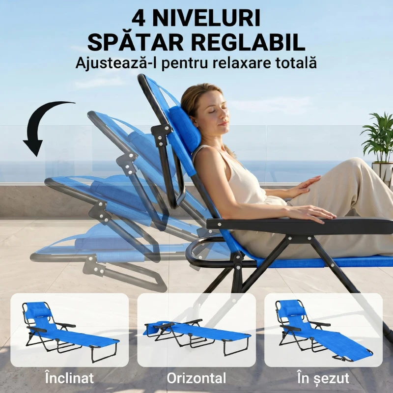 Outsunny Șezlong de Grădină Pliabil cu Spătar Reglabil, Pernă și Orificiu pentru Față, Albastru Închis