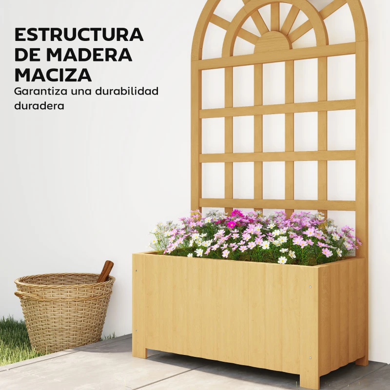 Outsunny Jardinera con Enrejado de Madera con Drenaje para Cultivos Verduras Flores Hierbas 60x30x120 cm Natural