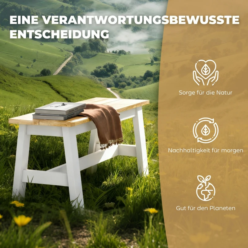 HOMCOM Sitzbank für 2, Holzbank in Eichenoptik, stabilisierende Querstange, für Wohnzimmer, Esszimmer, Flur, Kautschukholz, Weiß