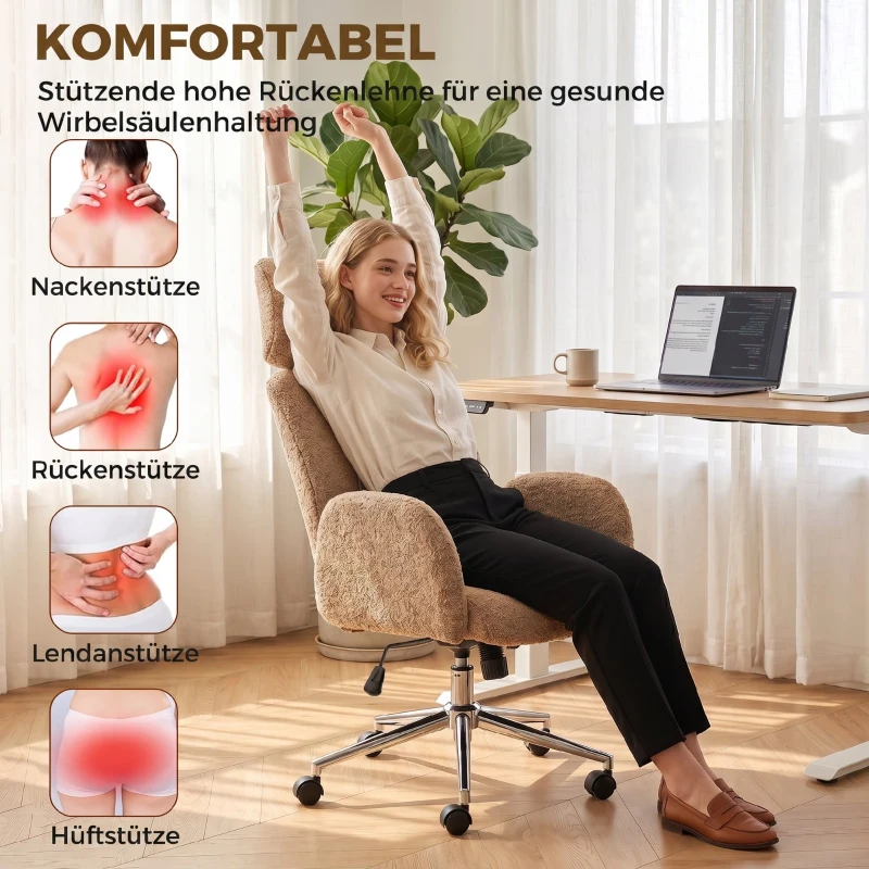 HOMCOM Fotel biurowy z regulowanym zagłówkiem, ergonomiczny fotel biurkowy, funkcja odchylania, regulacja wysokości, Brązowy