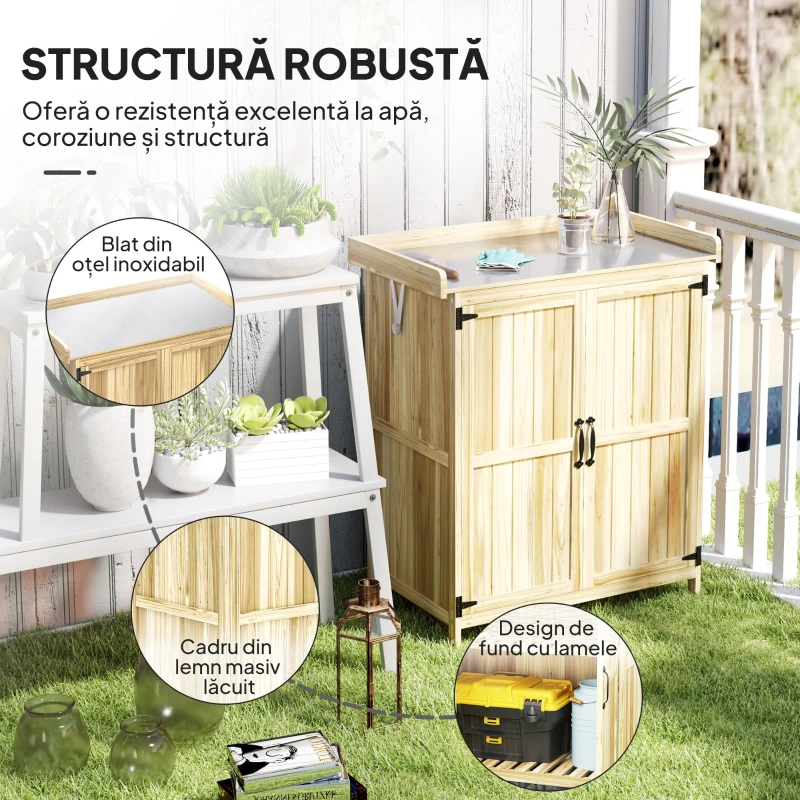 Outsunny Dulap Exterior, Depozit pentru Unelte cu Raft, din Lemn cu 2 Uși pentru Grădină, Terasă, Culoare Lemn Natural