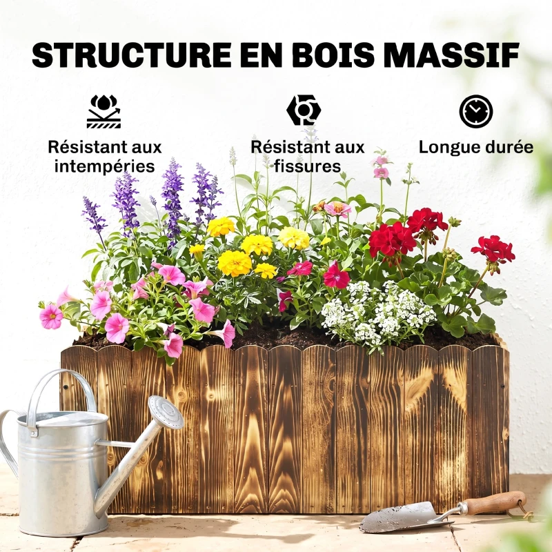 Outsunny Bac à fleurs jardinière rectangulaire avec fond extrémités supérieures lattes arrondies bois de sapin 80 x 33 x 30 cm