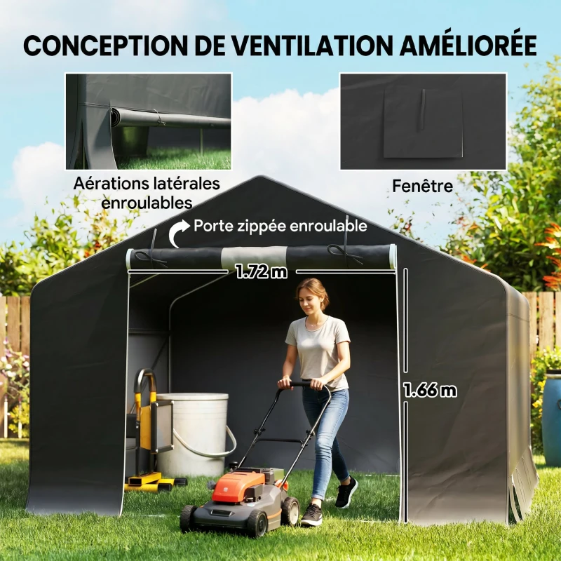 Outsunny Abri de jardin tente de stockage imperméable abri moto porte enroulable fermeture éclair, 300 x 300 x 210 cm, gris foncé
