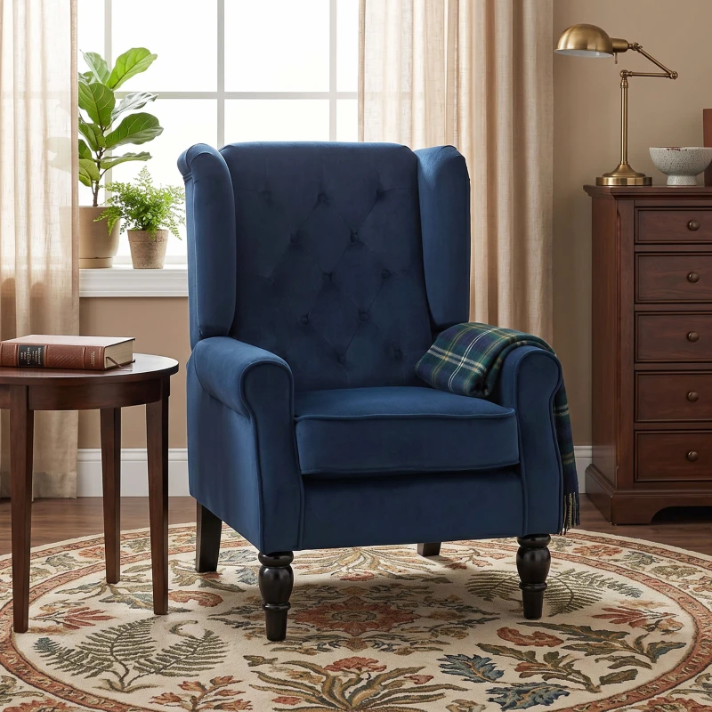 HOMCOM Sillón de salón capitoné con asiento amplio, patas de madera, estilo clásico, gran confort, 74x86x102cm, azul oscuro