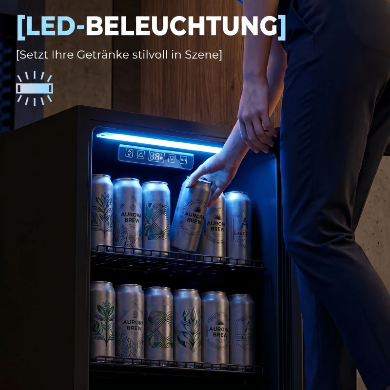 HOMCOM 70 L Getränkekühlschrank, Kühler für 70 Dosen mit Doppelglas-Tür, verstellbar Regal, LED-Beleuchtung Schwarz