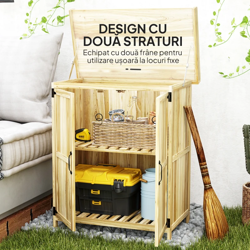Outsunny Dulap Exterior, Depozit pentru Unelte cu Raft, din Lemn cu 2 Uși pentru Grădină, Terasă, Culoare Lemn Natural