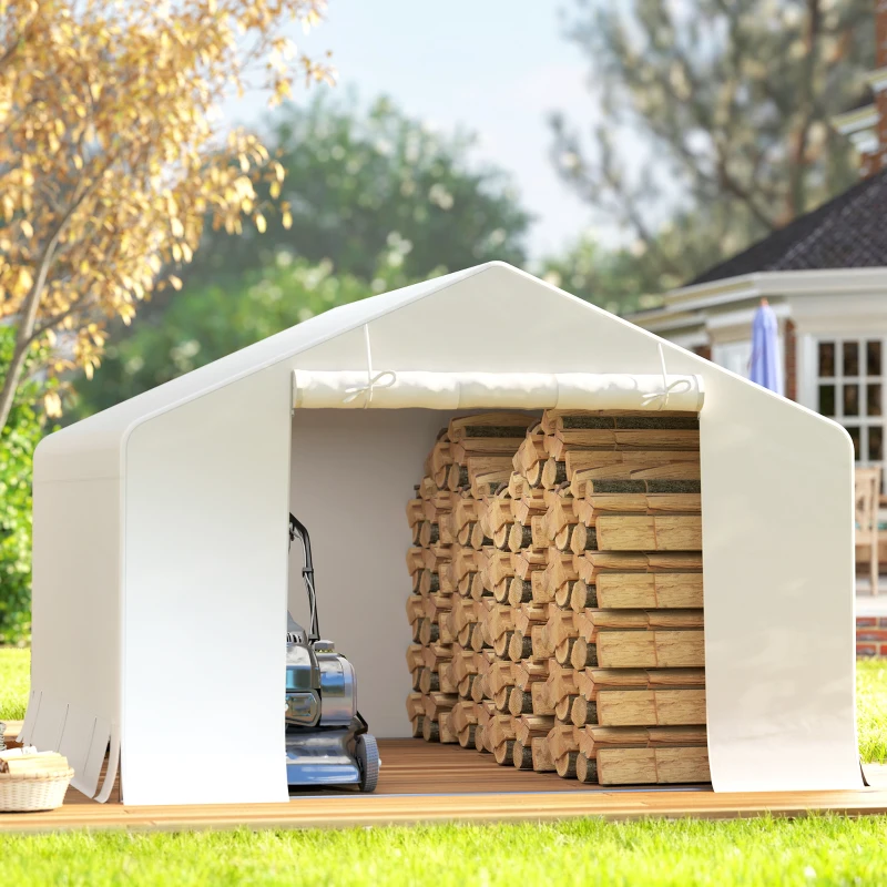 Outsunny Capanno da Giardino e Tenda Garage 3x3 m Impermeabile con Porta Avvolgibile, Metallo e PE, Bianco