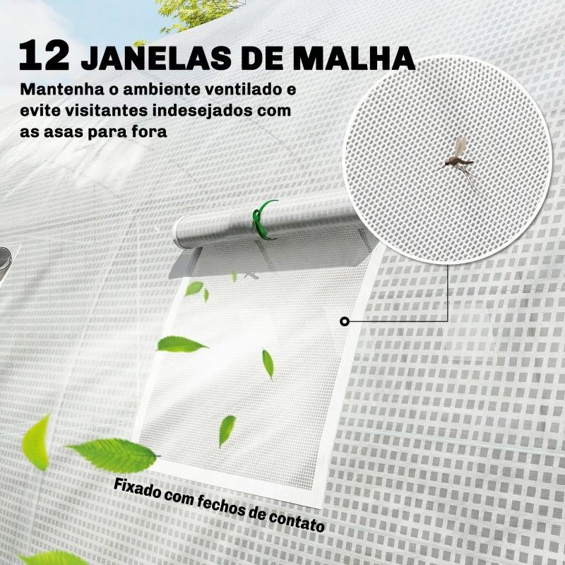 Outsunny Estufa Tipo Túnel com 2 Barras de Suporte, 2 Portas Enroláveis e Janelas com Rede, Cobertura de PE Anti-UV Branco