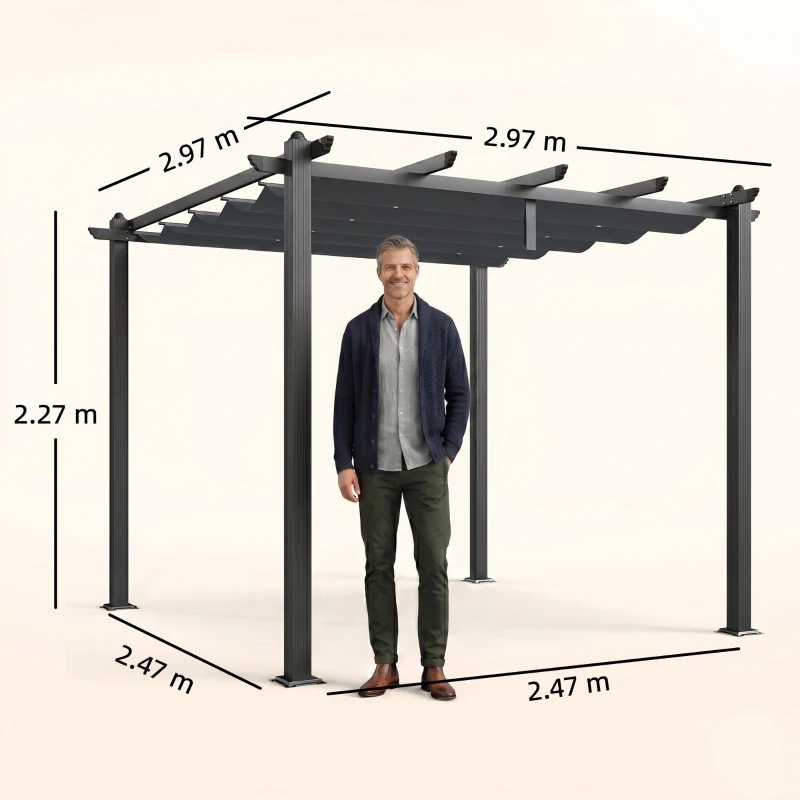 Outsunny Pergola Gazebo 3x3 m con 8 Fori di Drenaggio, in Alluminio, Metallo e Poliestere, Grigio Scuro