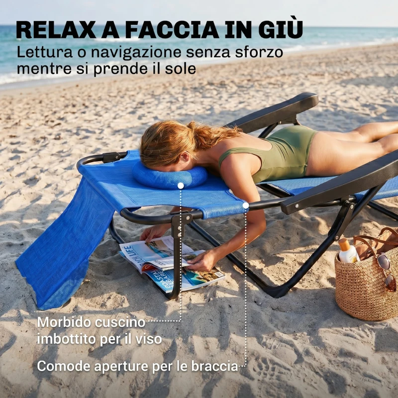 Outsunny Sdraio da Giardino Pieghevole con Schienale Regolabile, Cuscino e Foro per Viso, Blu Scuro