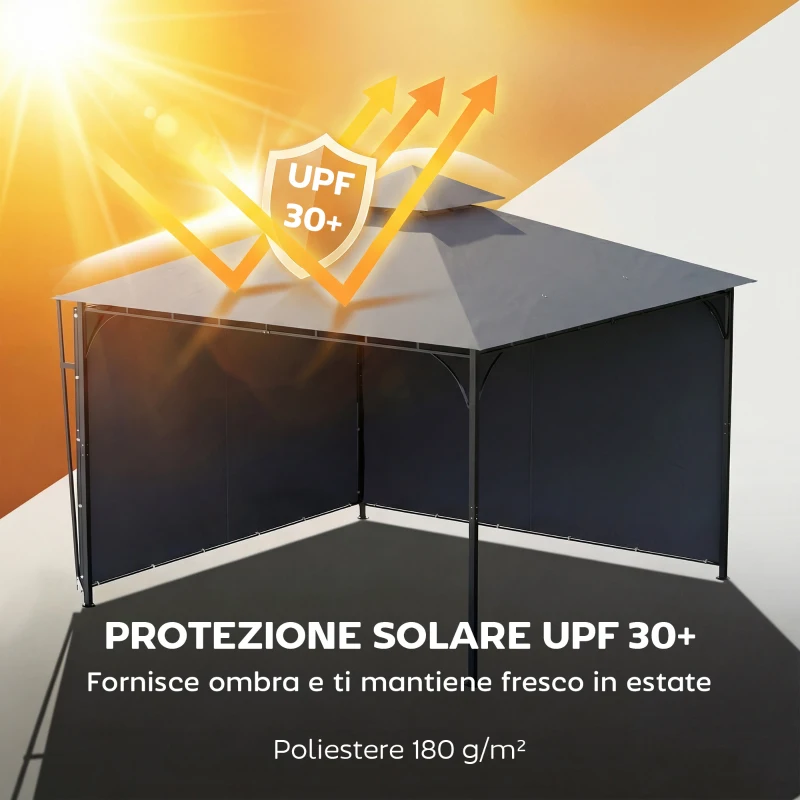 Outsunny Gazebo da Giardino con Tetto Estensibile e Fori di Drenaggio, in Metallo e Poliestere, 3.2x3.2 m, Grigio Scuro
