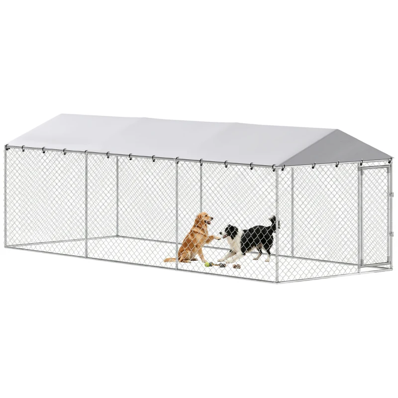 PawHut Enclos pour chiens d'extérieur avec grillage galvanisé et serrure, en acier et tissu Oxford, 6x2,3x2 m, Argent