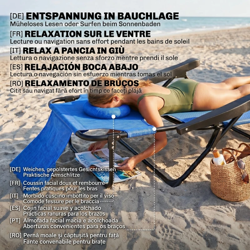 Outsunny Șezlong de Grădină Pliabil cu Spătar Reglabil, Pernă și Orificiu pentru Față, Albastru Închis