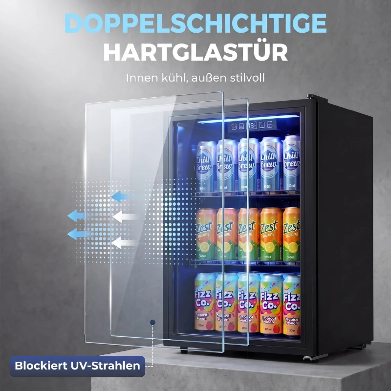 HOMCOM 70 L Getränkekühlschrank, Kühler für 70 Dosen mit Doppelglas-Tür, verstellbar Regal, LED-Beleuchtung Schwarz